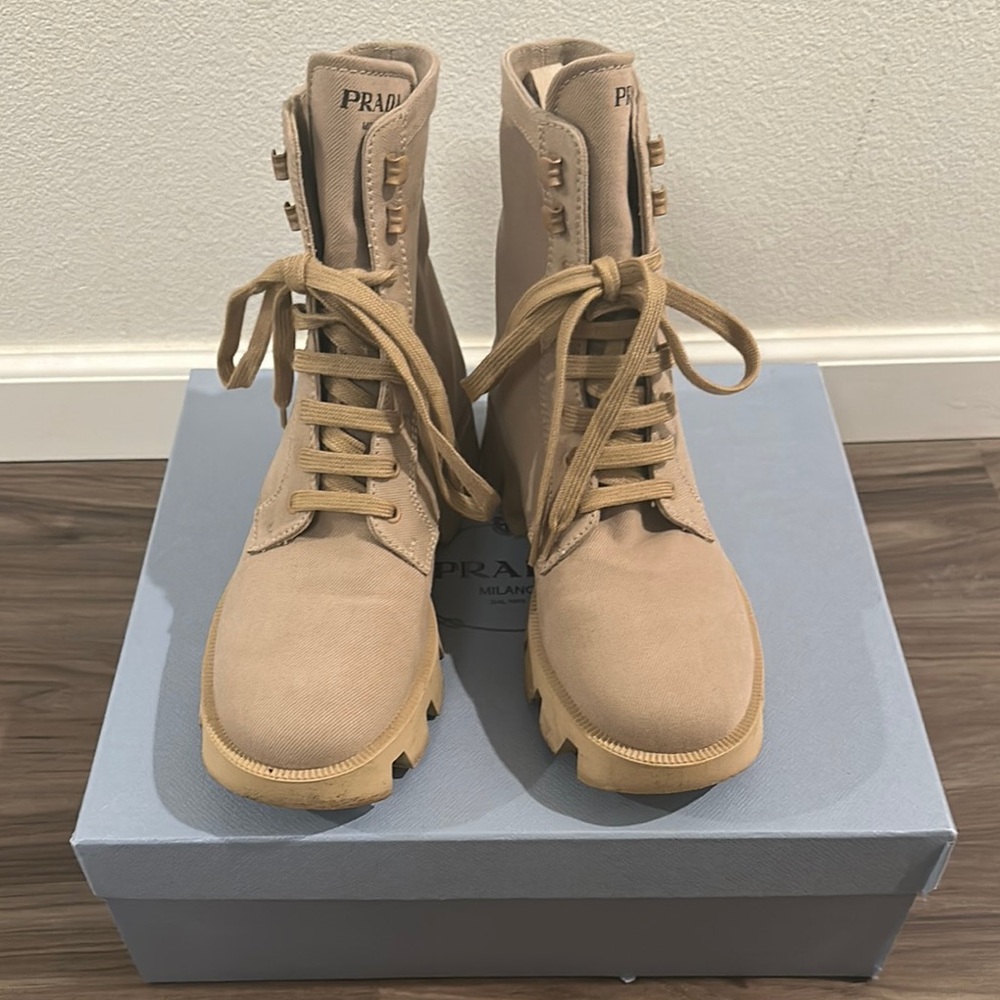 Prada Tan Combat Boots with Side Zipper